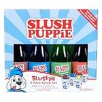 Slush Puppie Syrup Pack of 4 Assorted Flavours. Includes Iconic Blue Raspberry, Strawberry, Cola, Lemon & Lime flavours. 4 x 180ml Bottles. Officially Licensed Slush Puppy Merchandise.