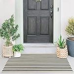 famibay Black and Beige Front Door Mat Outdoor Cotton Handwoven Farmhouse Layered Door Mat 2x4.2Ft Washable Striped Porch Rug Carpet Mat for Entrance Kitchen Laundry Bedroom