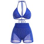 Women's Sparkle Rhinestone Mesh Bikini sets Halter Bra Top High Waist Shorts Bottom 2 Piece Cover up Festival Holiday Rave Outfits set