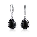 Boho Western Style Black Onyx Semi Precious Pear Shaped Teardrop Lever Back Dangle Drop Earrings For Women Teen Oxidized .925 Sterling Silver