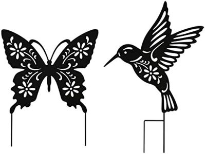 BVLFOOK Metal Large Size 20inch Hummingbird Butterfly Decorative Garden Stakes, Black Butterfly Hummingbird Outdoor Christmas Decor Silhouette Yard Stake, Christmas Decorations for Lawn Garden Yard