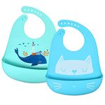 Vicloon Silicone Baby Bib, 2PCS Baby Weaning Bibs, Adjustable Waterproof Baby Feeding Bibs with Food Catcher Pocket, Unisex Soft and Easily Wipe Clean for Infant Toddler, Cat & Whale