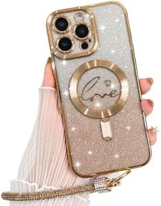 castillocarcasas Funda con Cuerda para iPhone 16 Pro Compatible con MagSafe, Carcasa Love-Heart Patrón, Case Glitter Brillante Transparente, TPU Cover Suave Silicona para Mujere jóvene, Oro
