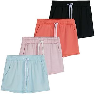 Real Essentials 4 Pack: Girls Active Athletic Performance Dry Fit Short Running Sports Shorts Soccer Tennis Summer Basketball Lounge Casual Sleep Bottoms Gym Workout Kids Dolphin - ST 4,XS (7)