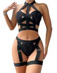 Aranmei Women's Sexy Lingerie Sets 4 Piece Halter Hollow Out Lingerie Sets with Garter Belt Bra and Panty Sets with Thigh Cuffs Black S