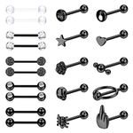 JeweBella 20 Pcs 14G Tongue Bars for Women Men Surgical Steel Nipple Bars Tongue Bar Piercing Set Silver/Black Straight Barbell Piercing Jewellery 16mm