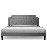 Bed Frame Upholstered Low Profile Traditional Platform with Tufted and Nail Headboard/No Box Spring Needed/No Bed Skirt Needed/Linen Fabric Upholstery (Grey, Full Size)