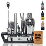 Bar Box Black Wood Stand - 14-Piece Home Bartending Kit and Martini Cocktail Shaker Set with Peg Measurers, Muddler, Bottle & Wine Opener Stylish Black & Silver Bar Accessories and Bar Tools for Home