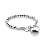 Women 925 Sterling Silver Bracelet Minimalist 4-10MM 5-9 inches Round Bead Chain Girls/Men Solid Silver Bracelet Charm Jewelry Gift (4MM heart pendant, 6.3)