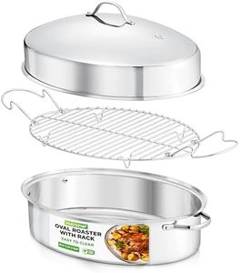 NutriChef 20" Oval Roasting Pan with Rack and Lid - Premium Stainless Steel Roaster Dish w/ Wide Handles & Removable Rack, Multi-Use Cookware for Turkey, Chicken, Stews, & More - Dishwasher Safe