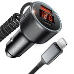 Kapebow iPhone Car Charger, 72W 3 Ports Super Fast Car Charger Built-in MFi Certified 6ft 27W Nylon Coiled Lightning Cable for iPhone 14/13/12/11/XR/Max, iPad, AirPods (Black)