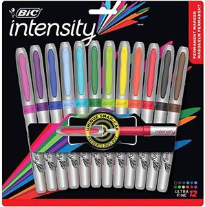 BIC Intensity Permanent Ultra Fine Point Marker - Pack of 12 Colouring Markers – Fashion, Low Odour, Non Toxic, Non Slip Grip - Assorted Colours