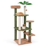 COSTWAY Cat Tree, 152cm Tall Cats Climbing Tower with Sisal Scratching Posts & Rope, Hanging Toy, Groom Brush, Faux Plant Decoration, Multi-level Kitty Activity Center for Indoor Cats