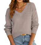 Bluetime Womens Fall Fashion 2024 Sweaters V Neck Ribbed Knit Lightweight Casual Long Sleeve Crochet Pullover Sweater Tops, Khaki, Small