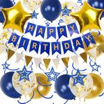 Navy Blue Gold Birthday Decorations, Happy Birthday Banner and Gold Star Balloons, Glitter Hanging Stars with Hanging Swirls, Birthday Bunting Banner, for Women Men Boys Birthday Party Decoration