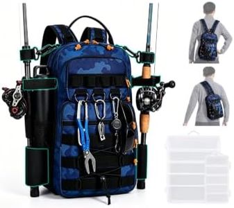 BSAKG 2 in 1 Compact Tactical Fishing Backpack with Tackle Boxes, Lightweight Waterproof Tackle Bag Fit 2 * 3600 Tackle Boxes, 2 Rod Holders Storage, Fishing Accessories Gift for Men Blue