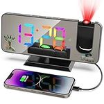 zerotop Projection Alarm Clock Digital Clock with 180° Projector, 7.4" LED RGB Color Mirror Display, 5-Level Brightness Dimmer, USB Charger, Snooze,12/24H, Digital Alarm Clock for Bedroom Bedside