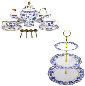 ACMLIFE Bone China Tea Set for 4, 3 Tier Cupcake Stands for Dessert Table