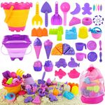 Elovien Beach Sand Toys, 50Pcs Sandbox Toys with 2 Collapsible Buckets, Mesh Backpack Bag, Shovels, Ice Cream, Cake & Castle Sand Molds, Summer Outdoor Travel Toys for Kids Toddlers Girls