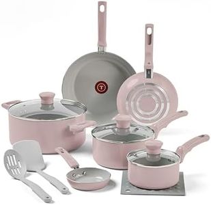 T-FAL Refresh Ceramic Nonstick Cookware Set, 12-Piece, Made Without PFOA and PTFE, Oven and Broiler Safe up to 350°F, Includes Stockpot, Griddle, Frying Pans, and Utensils, Pots and Pans, Dusty Rose