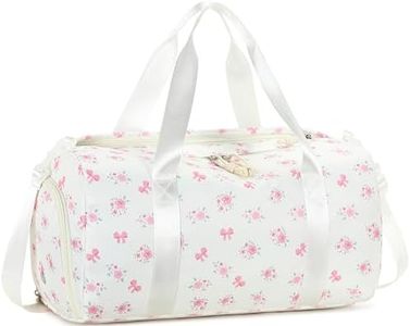 Gym Bag Sports Duffle Bag with Wet Pocket Weekender Overnight Bags with Waterproof Shoe Pouch and Air Hole for Girls Kids Women Workout Travel Bags (Bow Flower-Beige)