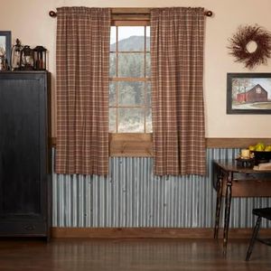 VHC Brands Crosswoods Plaid Cotton Primitive Curtains Rod Pocket Tie Back(s) Panel Pair, Natural Tan