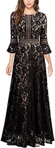 MISSMAY Women's Vintage Full Lace Contrast Bell Sleeve Formal Long Maxi Dress (Large, Black)