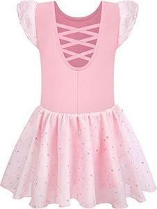 MOLLDAN Girls Dance Leotards for Ballet Dress Shiny Skirt Ruffle Sleeve Crisscross Back(QT4043-08-XXL)