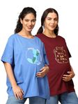 The Mom Store Mom T-Shirt | Cotton | Pre and Post Pregnancy | Quirky Statements | Comfortable | Oversized | Pack of 2 | Maroon & Blue | XL