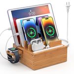 Pezin & Hulin Bamboo Charging Station with Multi Ports HUB, Desktop Charger Block, Compatible with Tablet, Cell Phone, Earbuds, Smartwatch, and More