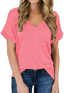 MIHOLL Women's Short Sleeve V-Neck Shirts Loose Casual Tee T-Shirt (Pink, Large)
