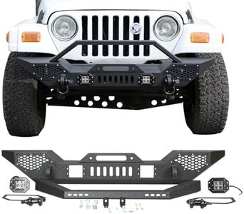 GarveeTech Front Bumper Compatible with 1997-2006 Wrangler TJ (2/4 Door), Heavy Duty Off-Road Steel Bumper w/ 2 LED Lights, Full Width Black Rock Crawler Style