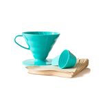 Hario V60 Teal Coffee Dripper Kit - Plastic V60 Size 02, 40 Unbleached Filter Papers & Measuring Scoop