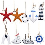 9Pcs Wooden Nautical Hanging Decorations, Mini Beach Ornament Mini Nautical Marine Decoration Kit Home Wall Ornaments Nautical Gifts, Sailboats/Fish/Lifebuoy/Anchor/Oar/Starfish/Lighthouse/Boats