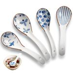 Tomtary 4Pcs Ceramic Soup Spoons Chinese Ceramic Ramen Spoons Blue and White Porcelain Asian Soup Spoon Sets Beautiful Porcelain Long and Curved Handle Soup Spoon for Wontons Noodles Stews