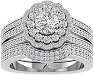 TwoBirch 18k White Gold MicroplatedFloral Design Duo Bridal Ring Set Engagement Ring and Wedding Band with Cubic Zirconia (Set (2 Rings), Size 8)