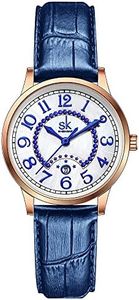 SHENGKE SK Business Classic - Reloj elegante para mujer con correa de acero inoxidable de piel auténtica, Azul claro luna, Classic