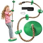 Jungle Gym Kingdom Tree Swing Climbing Rope with Platforms Green Disc Swings Seat - Outdoor Playground Set Accessories Tree House Flying Saucer Outside Toys - Snap Hook and 4 Feet Strap (Green)