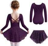 Zaclotre Girls Long Sleeve Ballet Leotards Toddler Shiny Dance Outfit Combo with Pull on Skirt Purple Leotard Girls 4-5T