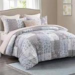 Whale Flotilla 3-Piece King Comforter Set, Soft Reversible Bedding Comforter Sets, Patchwork Printed Down Alternative Comforter Duvet for All Seasons, Grey