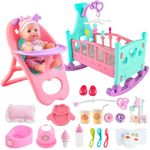 deAO Baby Doll Set with Crib Mobile High Chair Stroller Feeding Accessories 21 Pieces Play Set (Baby Doll Included)