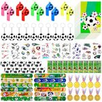 Guiqulai 82PCS Soccer Party Favor Birthday Party Decorations Gift Bags Loot Bag Fillers Football Party Soccer Tattoos Slap Bracelet Keychain Whistle Winner Medals School Rewards for Kids Boys Girls