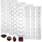 Okllen 4 Pack Polycarbonate Chocolate Mold, Clear 3D Candy Making Mold PC Mould Bonbons Mold Tray, Fondant Jelly Mold for Baking, DIY, Olive, Lips, Shells, Thread Cylinder Shaped