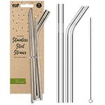 4 x Metal Stainless Steel Reusable Drinking Straws Eco Friendly + Cleaning Brush Party Summer Use Birthday Smoothie Milk Shake Water Juice Silver Bent & Straight Straws UK Free P&P