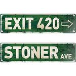 2 Pieces Vintage Exit Sign Decor Retro Stoner Avenue Street Sign and Rustic Exit 420 Sign Metal Tin Sign for Home Wall Decor 4 x 16 Inches