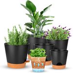 Self Watering Planters, 6 Pack 7.8"+6.9"+6.5"+6"+5.5"+5" Plastic Flower Pots with Detachable Reservoir and Drainage Holes, Modern Black Planter for Decorative Indoor Outdoor Plants (Black+Brown)