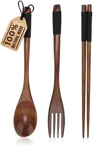 3 PC Wooden Utensils for Eating - Eco-Friendly Natural Nanmu Wood Spoon, Fork, and Chopsticks for Dining, Travel, Camping, Lunchbox