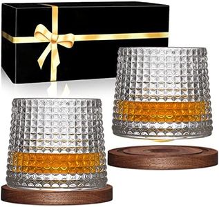 BOLESTA Whiskey Glasses Set of 2, Rotatable Tumbler Crystal Glass Cups, Drinking Glasses with 2Pcs Creative Walnut Coasters and Gift Box - for Scotch,Bourbon,Cocktails