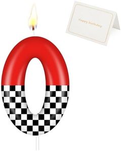 Racing Car Birthday Number Candle with Card, 2.4 inch Cake Topper for Race Car Party Decoration, White Black Checkered Number Candles for Racing-Themed Celebrations Supplies(Red，Number 0)