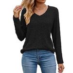 AMhomely Ladies Tops Sale Clearance Womens Casual Fall Sweater Long Sleeve Sweatshirts Tops Ribbed Knit Jumpers Loose V-Neck Baggy Slouchy Pullover Sweaters Basic Underwear, 01* Black